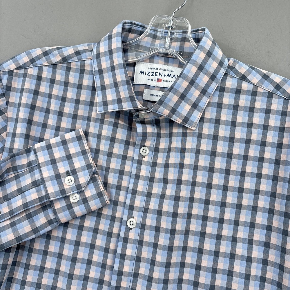 Mizzen+Main Shirt Mens Medium Blue Peach Check Trim Fit Button Up Long Sleeve